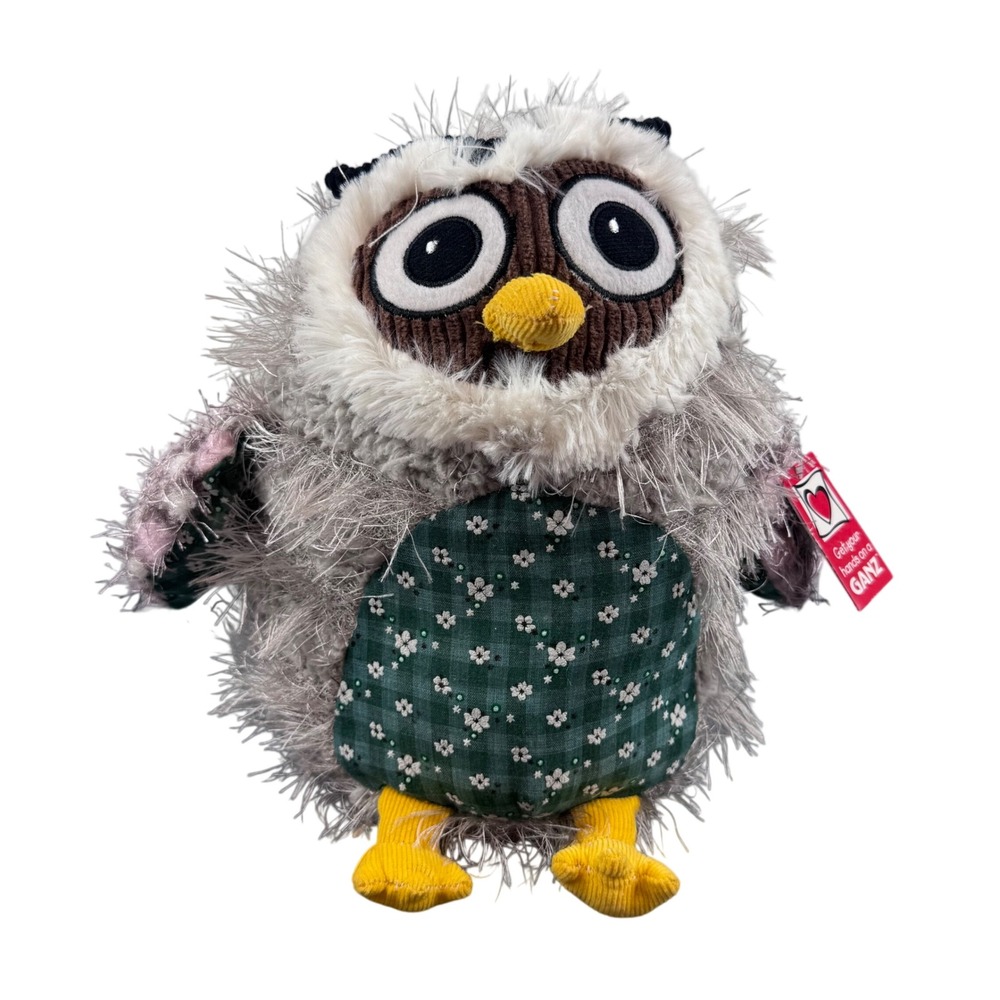 Ganz Woodsy Owl‎ Plush Toy Unisex 12in Grey Green Floral Gingham H12460 NWT